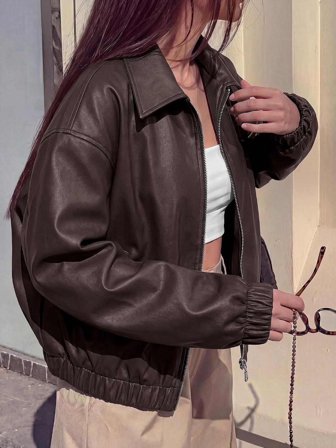 image:imageKIRUNDO Fall Jackets for Women Oversized Zip Up Faux Leather Bomber CoatsDark Brown