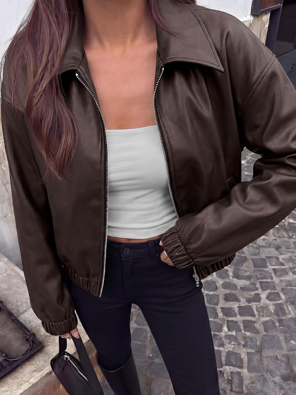 image:imageKIRUNDO Fall Jackets for Women Oversized Zip Up Faux Leather Bomber CoatsDark Brown