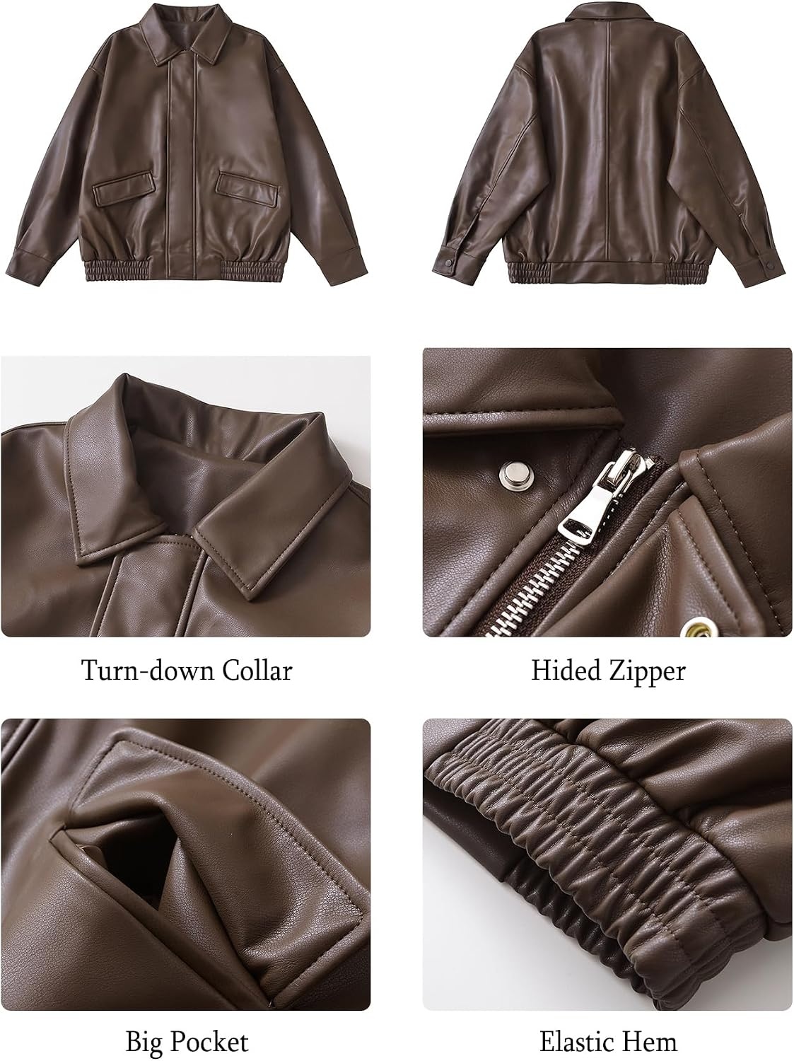 image:imageLY VAREY LIN Women Faux Leather Jacket Lapel Collar Motorcycle Zip Up Long Sleeve Motor Biker Short Coat Jacket1895brown