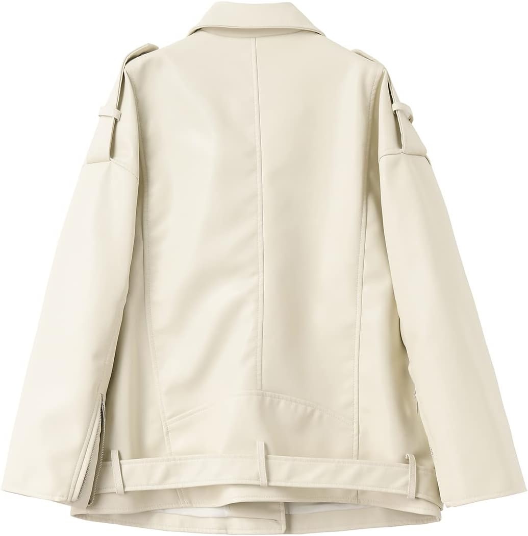 image:imageLY VAREY LIN Women Faux Leather Jacket Lapel Collar Motorcycle Zip Up Long Sleeve Motor Biker Short Coat Jacket2123beige