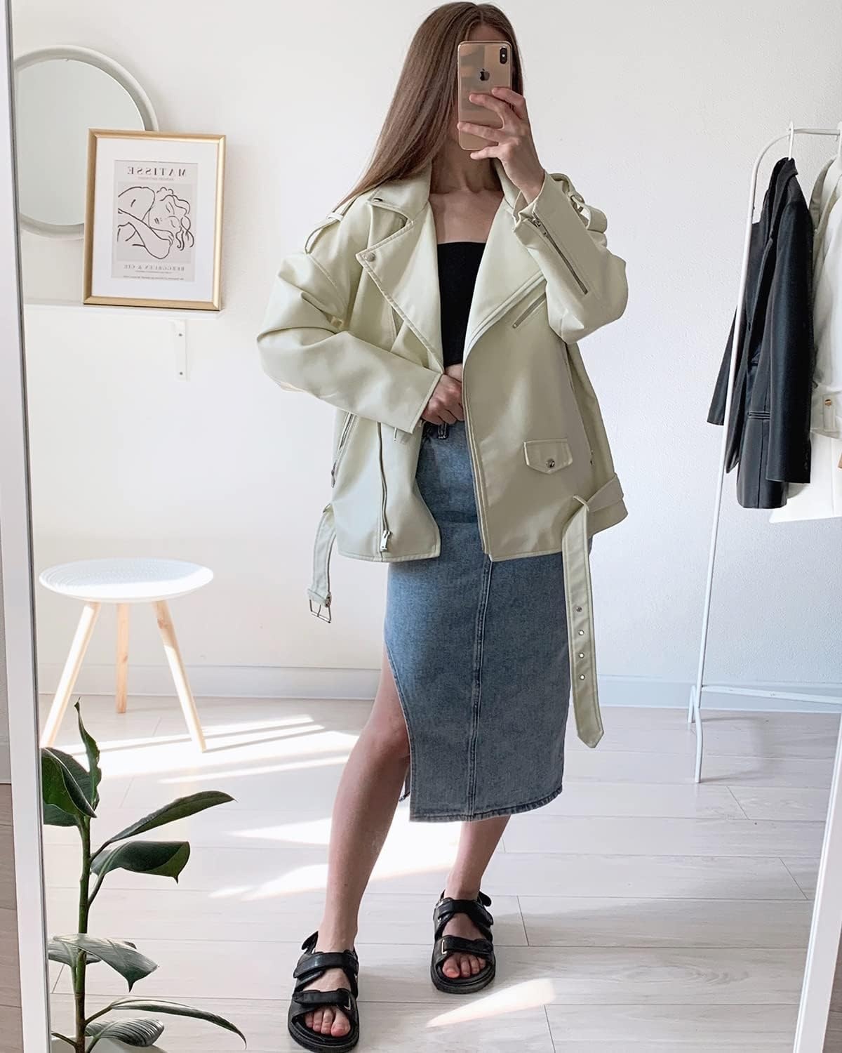 image:imageLY VAREY LIN Women Faux Leather Jacket Lapel Collar Motorcycle Zip Up Long Sleeve Motor Biker Short Coat Jacket2123beige