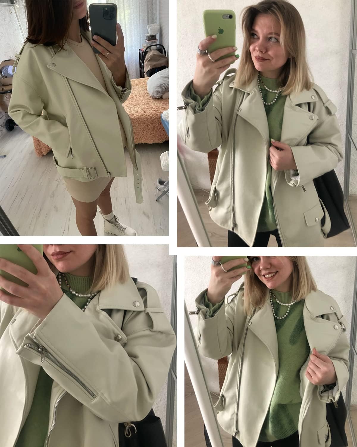 image:imageLY VAREY LIN Women Faux Leather Jacket Lapel Collar Motorcycle Zip Up Long Sleeve Motor Biker Short Coat Jacket2123beige