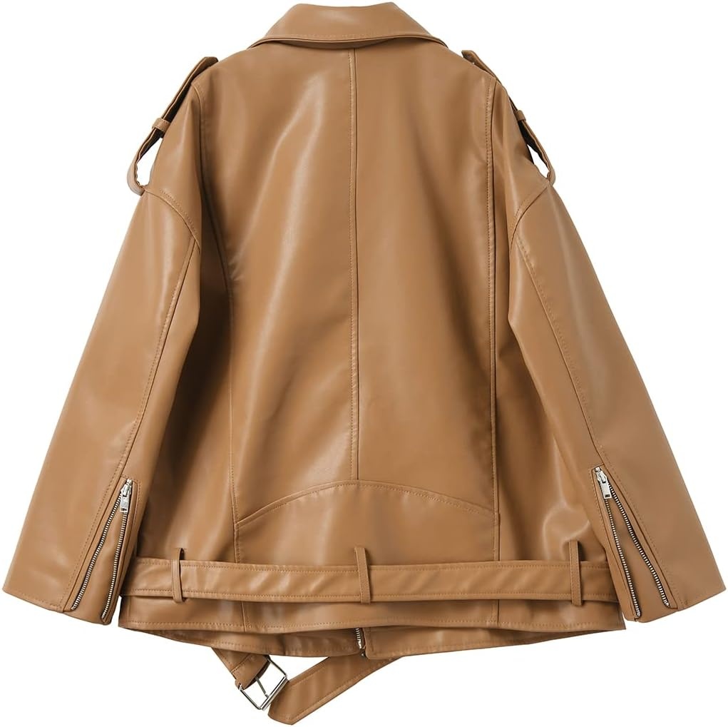 image:imageLY VAREY LIN Women Faux Leather Jacket Lapel Collar Motorcycle Zip Up Long Sleeve Motor Biker Short Coat Jacket2123brown