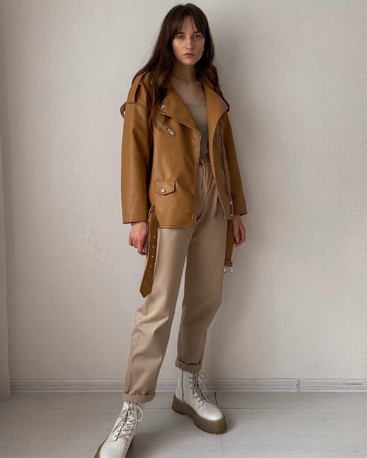 image:imageLY VAREY LIN Women Faux Leather Jacket Lapel Collar Motorcycle Zip Up Long Sleeve Motor Biker Short Coat Jacket2123brown