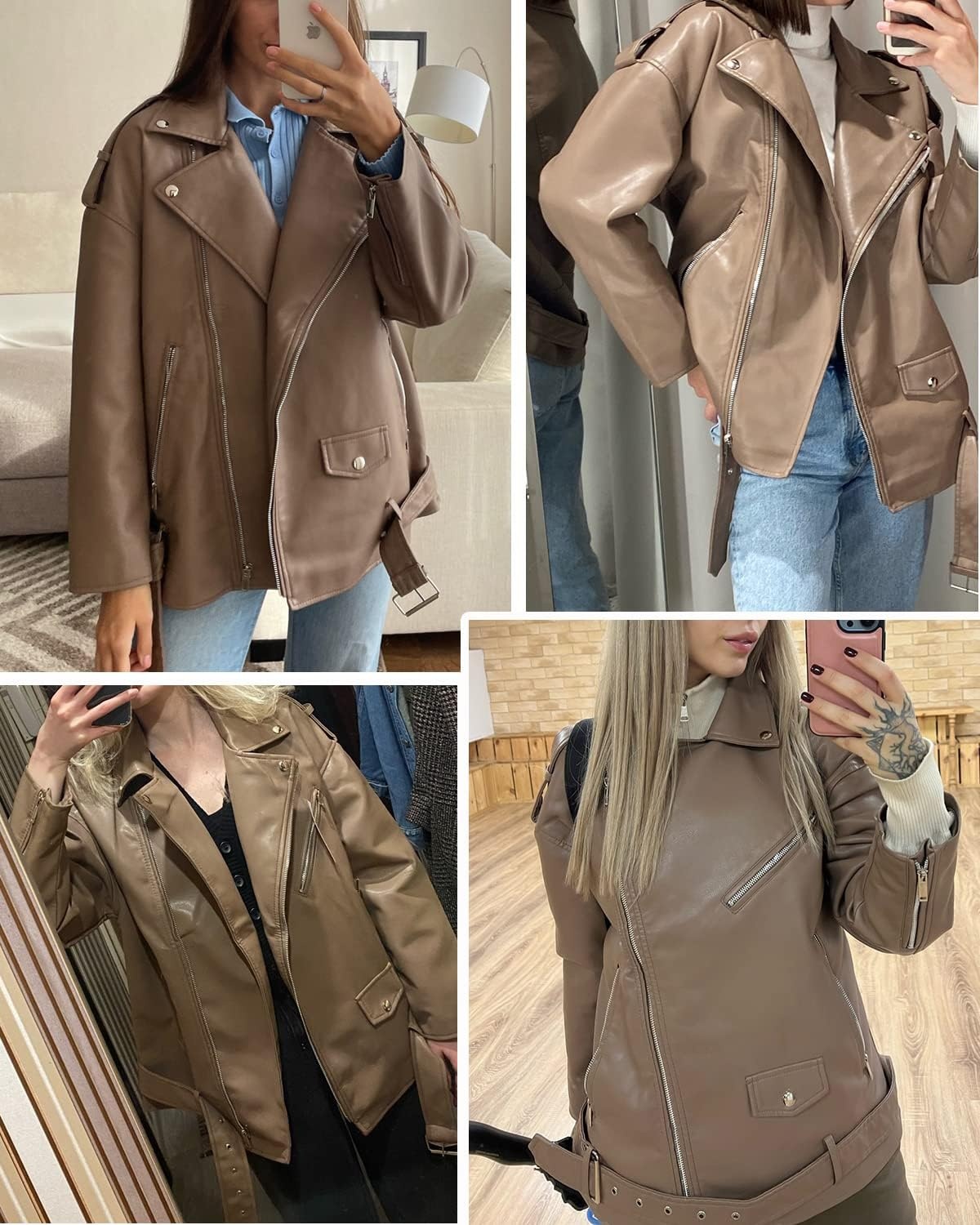 image:imageLY VAREY LIN Women Faux Leather Jacket Lapel Collar Motorcycle Zip Up Long Sleeve Motor Biker Short Coat Jacket2123coffee