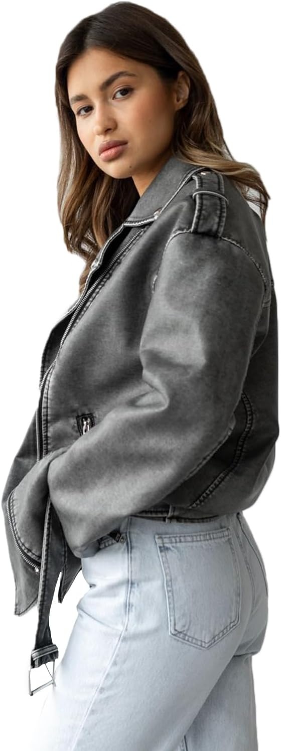 image:imageLY VAREY LIN Women Faux Leather Jacket Lapel Collar Motorcycle Zip Up Long Sleeve Motor Biker Short Coat Jacket2123grey