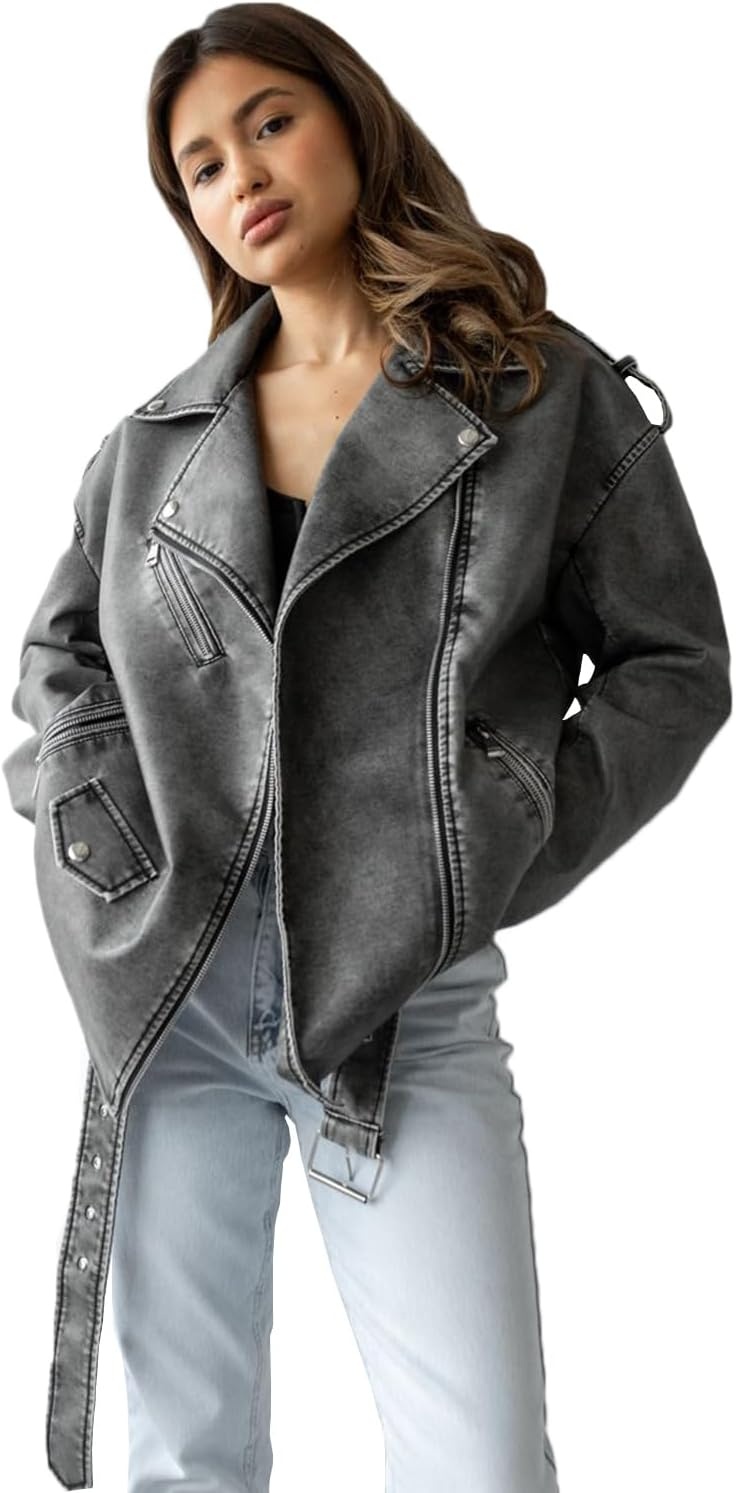 image:imageLY VAREY LIN Women Faux Leather Jacket Lapel Collar Motorcycle Zip Up Long Sleeve Motor Biker Short Coat Jacket2123grey