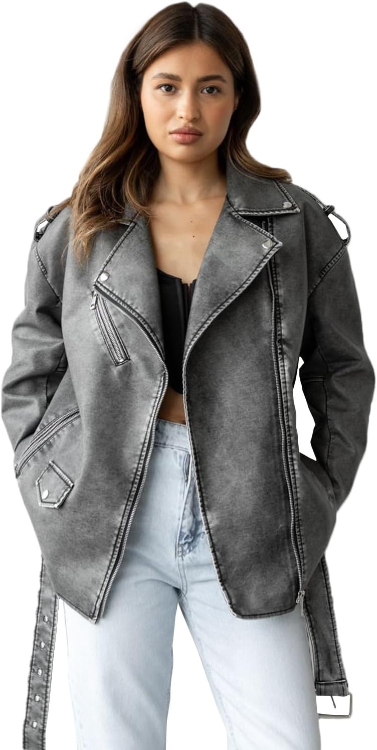 image:imageLY VAREY LIN Women Faux Leather Jacket Lapel Collar Motorcycle Zip Up Long Sleeve Motor Biker Short Coat Jacket2123grey