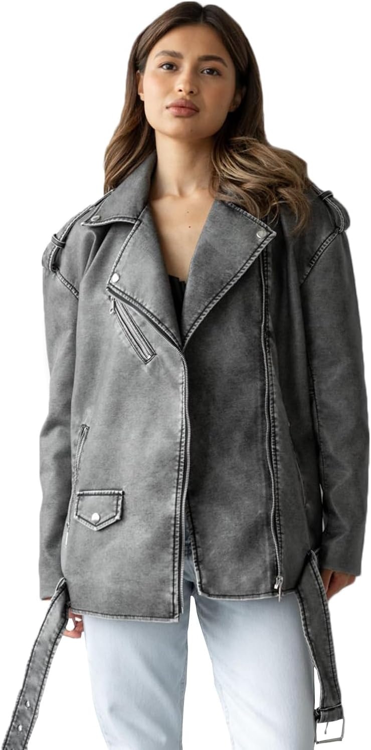 image:imageLY VAREY LIN Women Faux Leather Jacket Lapel Collar Motorcycle Zip Up Long Sleeve Motor Biker Short Coat Jacket2123grey
