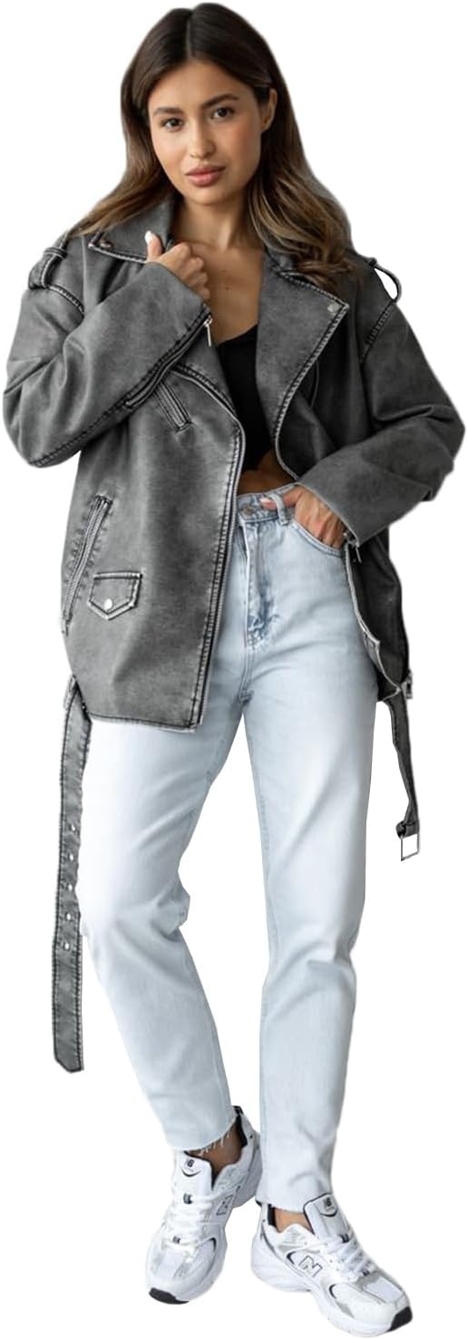 image:imageLY VAREY LIN Women Faux Leather Jacket Lapel Collar Motorcycle Zip Up Long Sleeve Motor Biker Short Coat Jacket2123grey