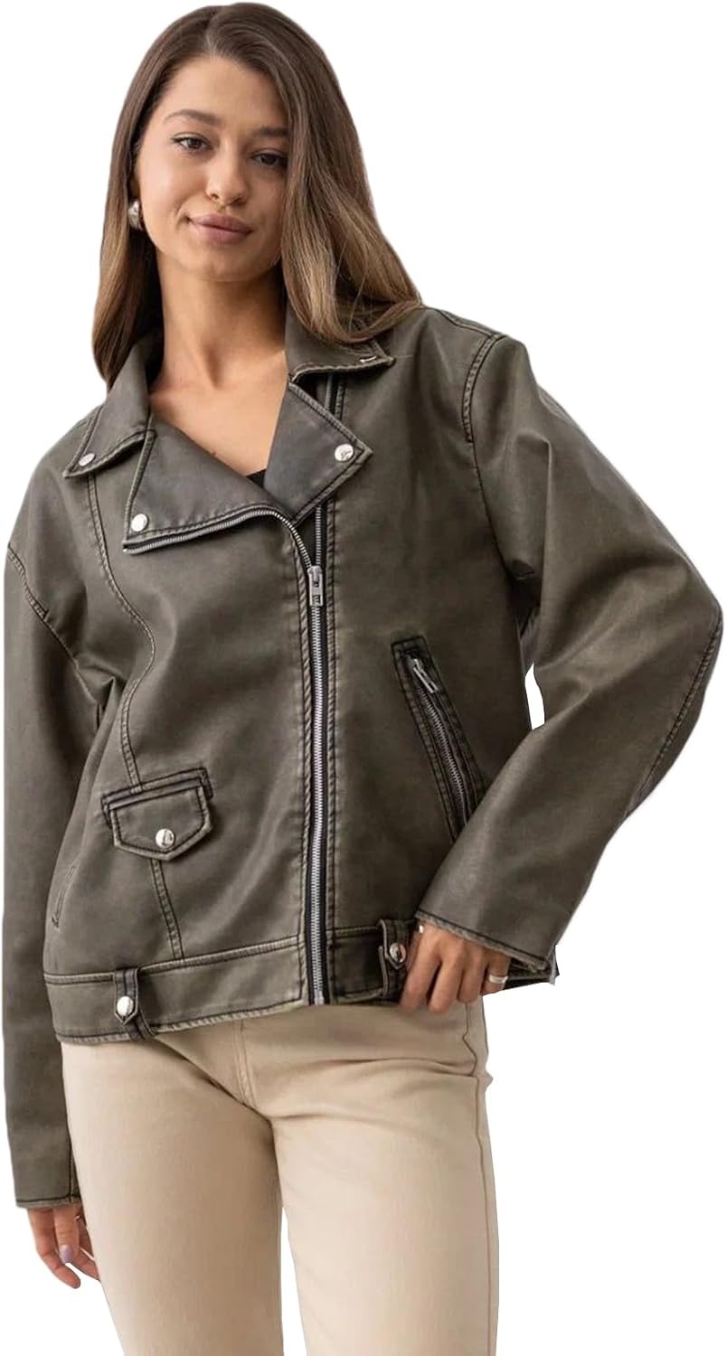 image:imageLY VAREY LIN Women Faux Leather Jacket Lapel Collar Motorcycle Zip Up Long Sleeve Motor Biker Short Coat Jacket2357dark Green
