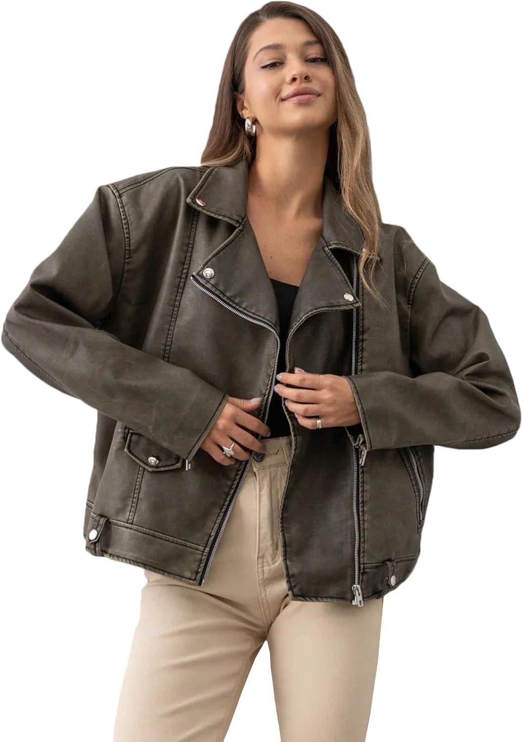 image:imageLY VAREY LIN Women Faux Leather Jacket Lapel Collar Motorcycle Zip Up Long Sleeve Motor Biker Short Coat Jacket2357dark Green