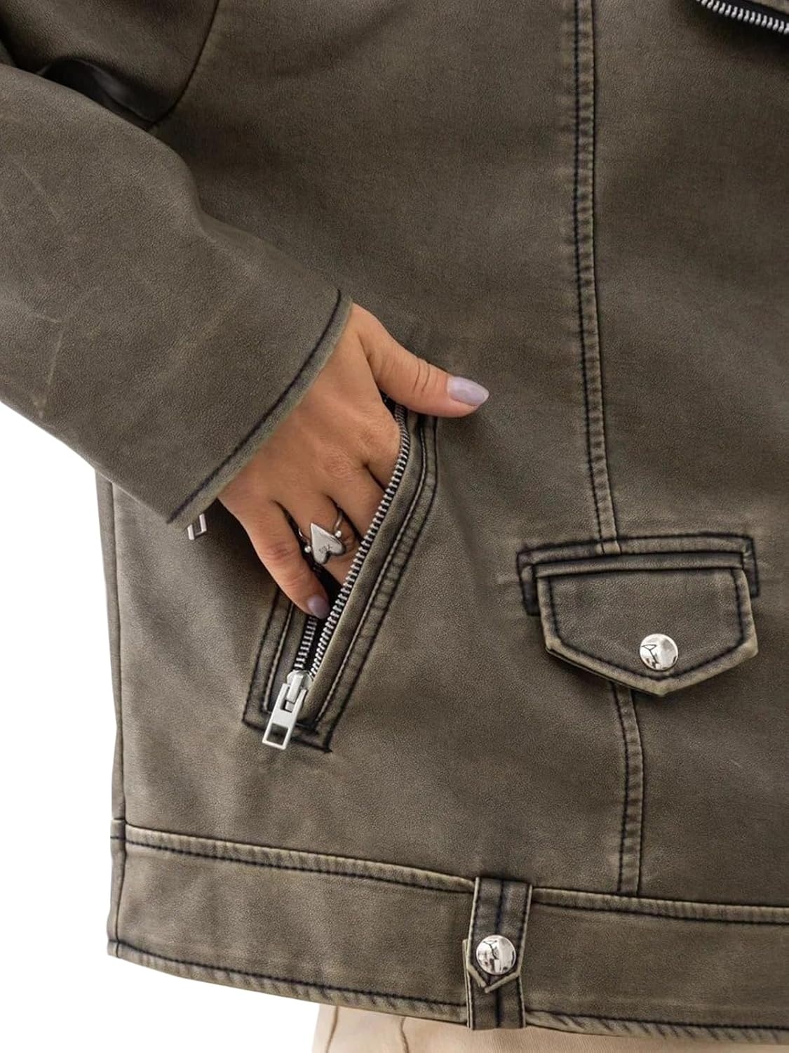 image:imageLY VAREY LIN Women Faux Leather Jacket Lapel Collar Motorcycle Zip Up Long Sleeve Motor Biker Short Coat Jacket2357dark Green