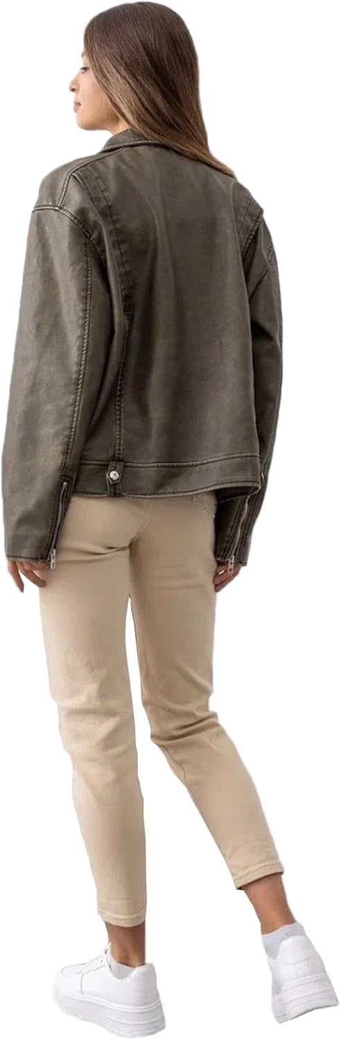 image:imageLY VAREY LIN Women Faux Leather Jacket Lapel Collar Motorcycle Zip Up Long Sleeve Motor Biker Short Coat Jacket2357dark Green