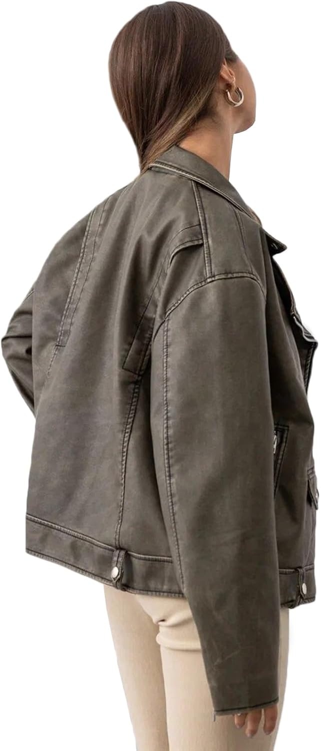 image:imageLY VAREY LIN Women Faux Leather Jacket Lapel Collar Motorcycle Zip Up Long Sleeve Motor Biker Short Coat Jacket2357dark Green