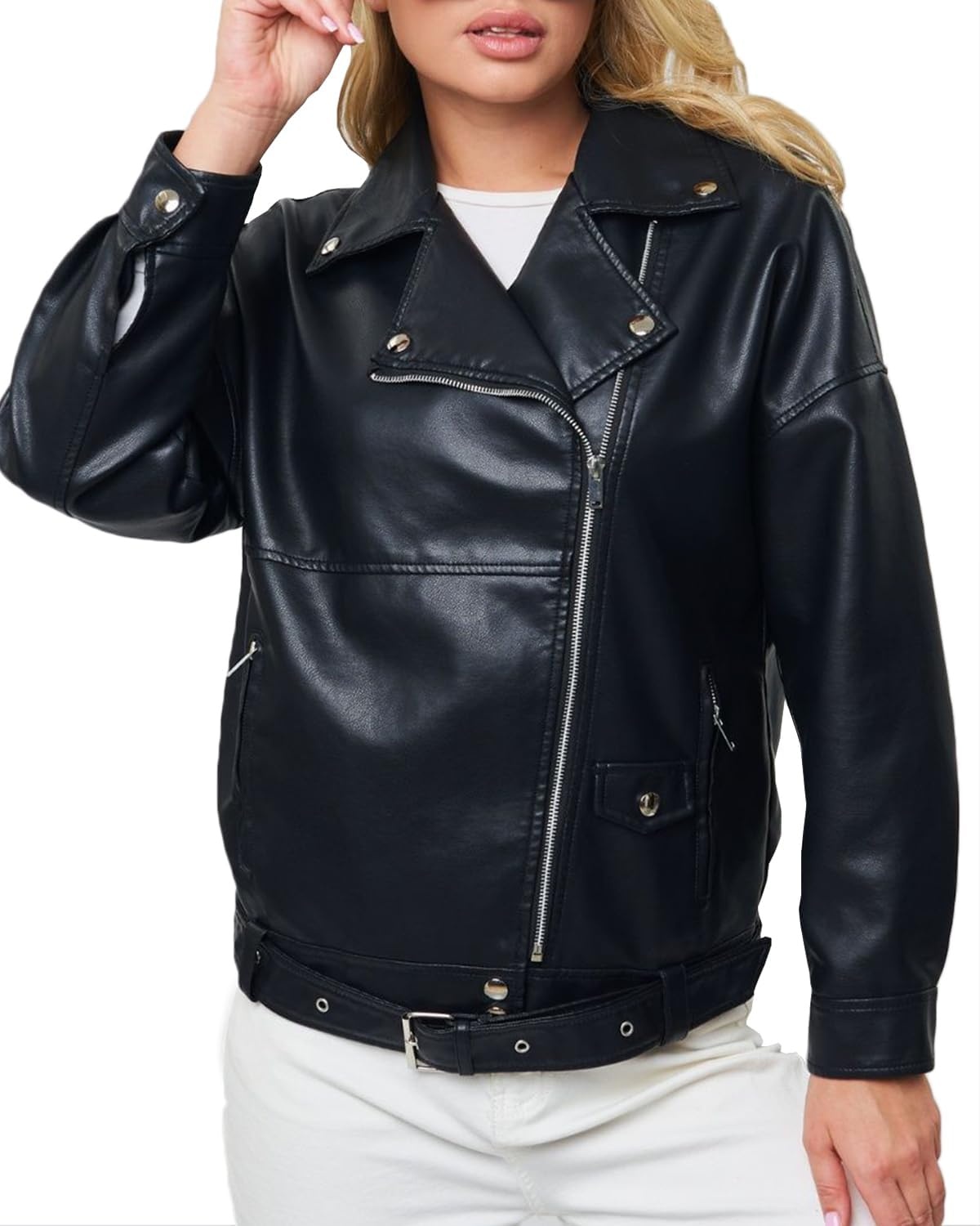 image:imageLY VAREY LIN Women Faux Leather Jacket Lapel Collar Motorcycle Zip Up Long Sleeve Motor Biker Short Coat Jacket2358black