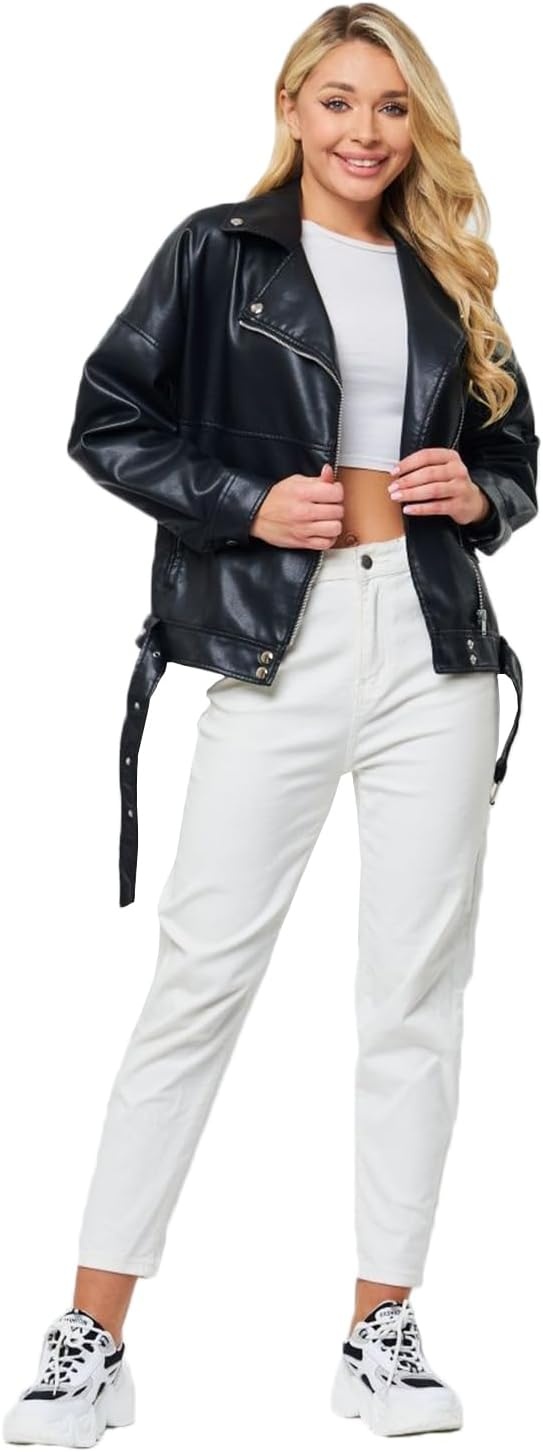 image:imageLY VAREY LIN Women Faux Leather Jacket Lapel Collar Motorcycle Zip Up Long Sleeve Motor Biker Short Coat Jacket2358black