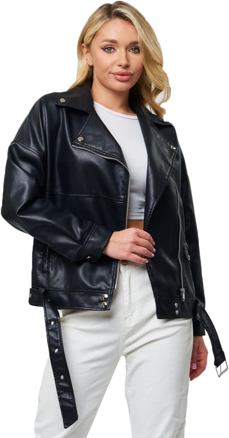 image:imageLY VAREY LIN Women Faux Leather Jacket Lapel Collar Motorcycle Zip Up Long Sleeve Motor Biker Short Coat Jacket2358black