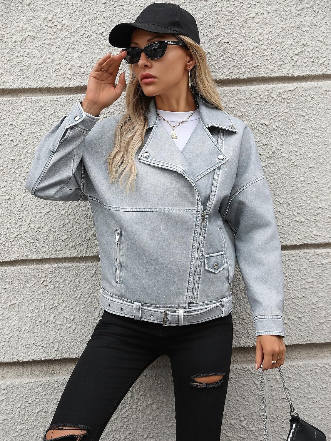 image:imageLY VAREY LIN Women Faux Leather Jacket Lapel Collar Motorcycle Zip Up Long Sleeve Motor Biker Short Coat Jacket2358blue