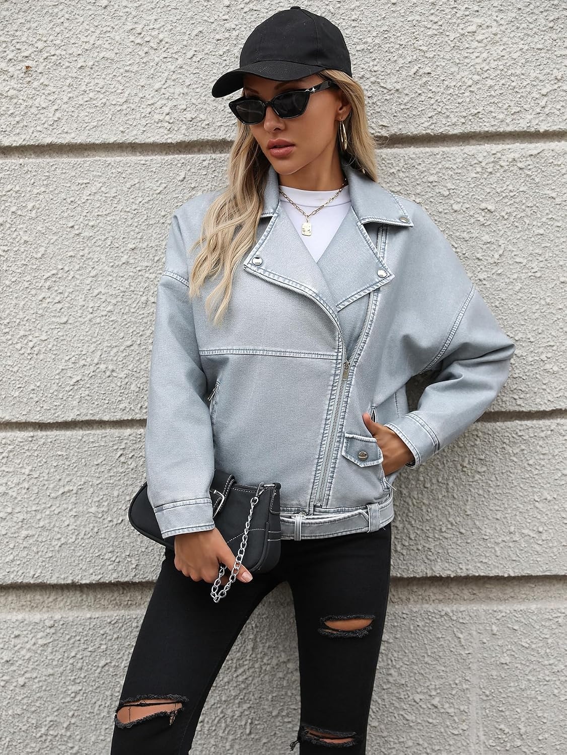 image:imageLY VAREY LIN Women Faux Leather Jacket Lapel Collar Motorcycle Zip Up Long Sleeve Motor Biker Short Coat Jacket2358blue