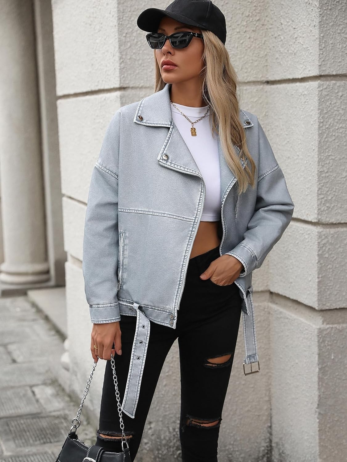 image:imageLY VAREY LIN Women Faux Leather Jacket Lapel Collar Motorcycle Zip Up Long Sleeve Motor Biker Short Coat Jacket2358blue