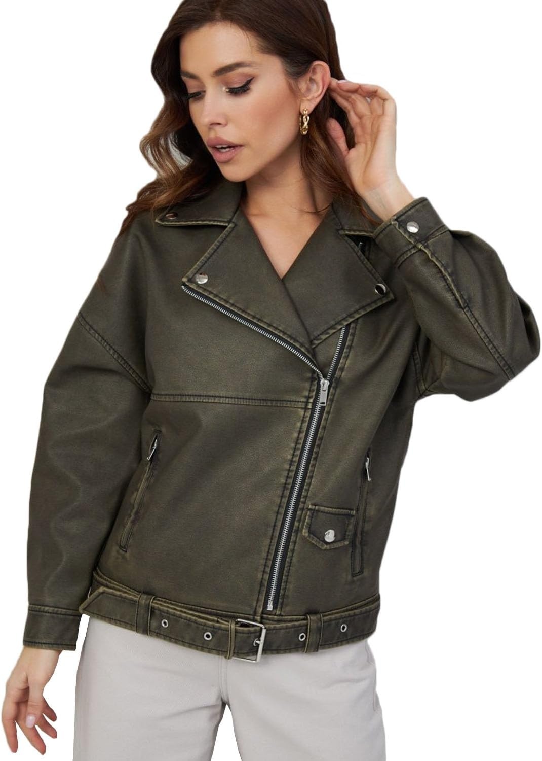 image:imageLY VAREY LIN Women Faux Leather Jacket Lapel Collar Motorcycle Zip Up Long Sleeve Motor Biker Short Coat Jacket2358dark Green