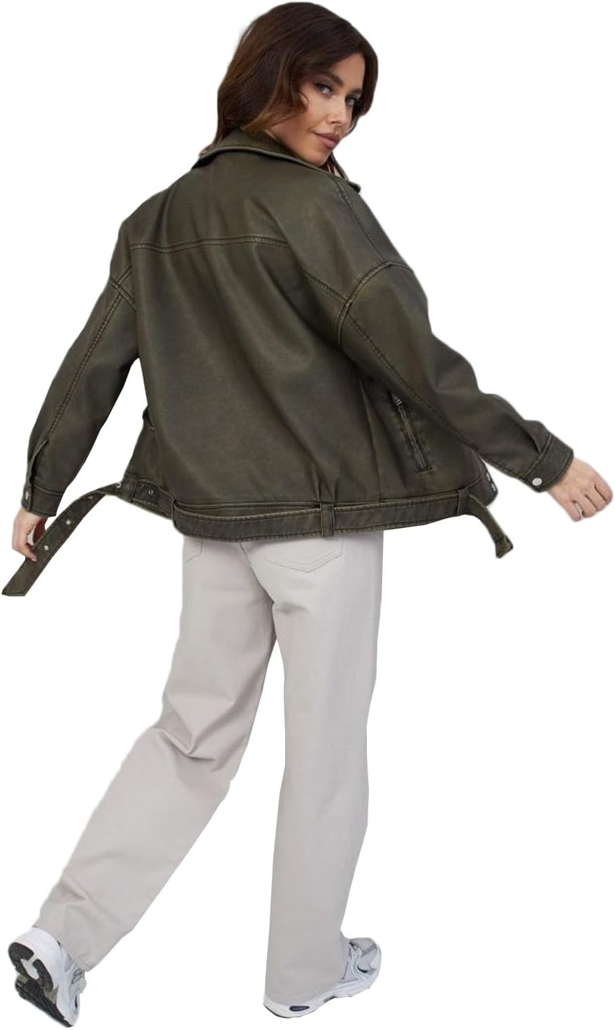 image:imageLY VAREY LIN Women Faux Leather Jacket Lapel Collar Motorcycle Zip Up Long Sleeve Motor Biker Short Coat Jacket2358dark Green