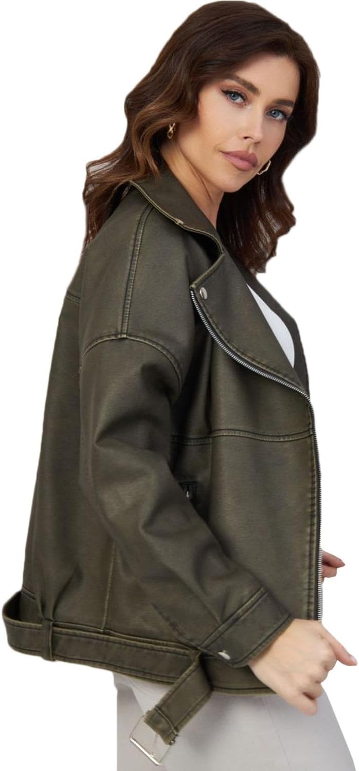 image:imageLY VAREY LIN Women Faux Leather Jacket Lapel Collar Motorcycle Zip Up Long Sleeve Motor Biker Short Coat Jacket2358dark Green