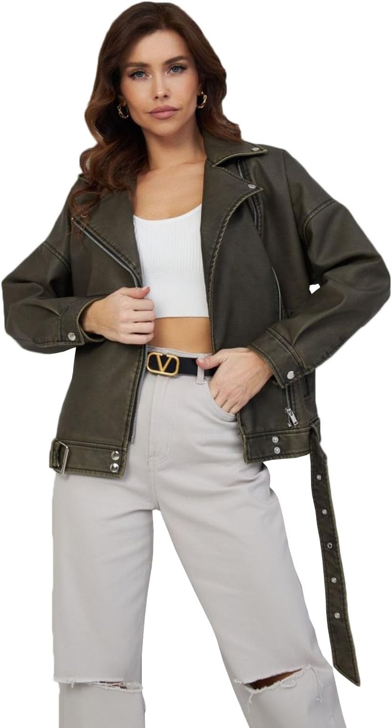 image:imageLY VAREY LIN Women Faux Leather Jacket Lapel Collar Motorcycle Zip Up Long Sleeve Motor Biker Short Coat Jacket2358dark Green