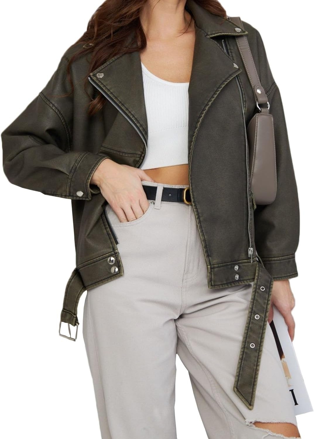 image:imageLY VAREY LIN Women Faux Leather Jacket Lapel Collar Motorcycle Zip Up Long Sleeve Motor Biker Short Coat Jacket2358dark Green