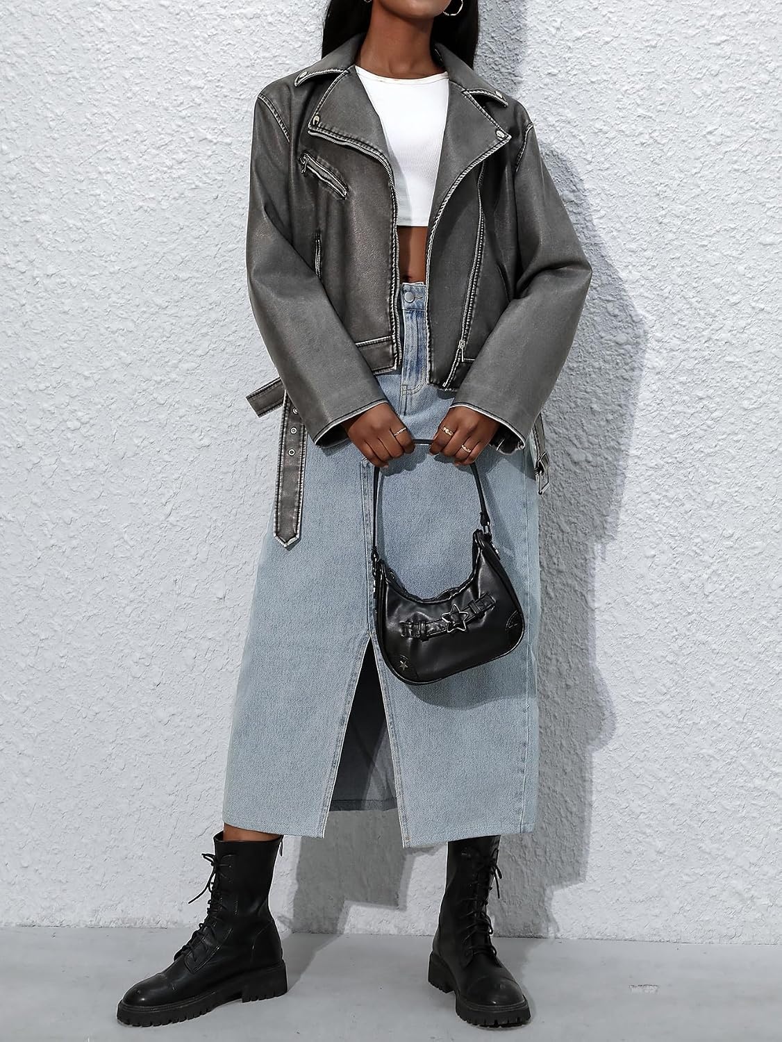 image:imageLY VAREY LIN Women Faux Leather Jacket Lapel Collar Motorcycle Zip Up Long Sleeve Motor Biker Short Coat Jacket2362grey