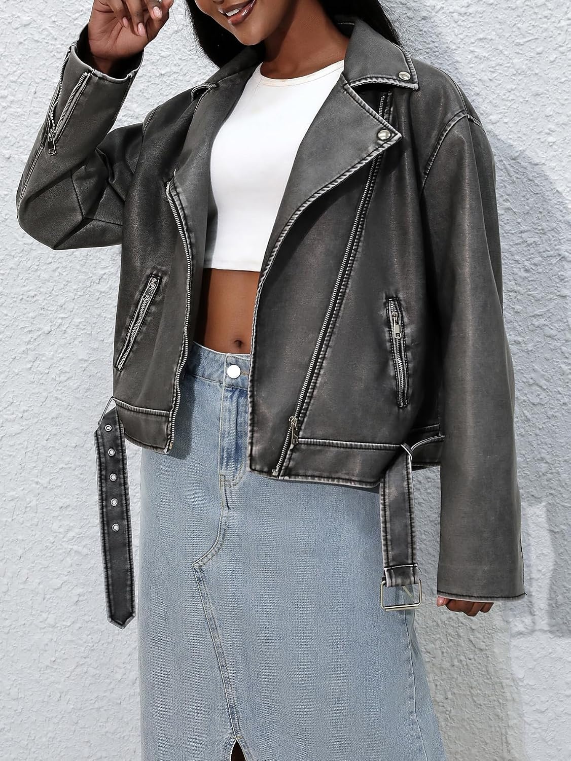 image:imageLY VAREY LIN Women Faux Leather Jacket Lapel Collar Motorcycle Zip Up Long Sleeve Motor Biker Short Coat Jacket2362grey