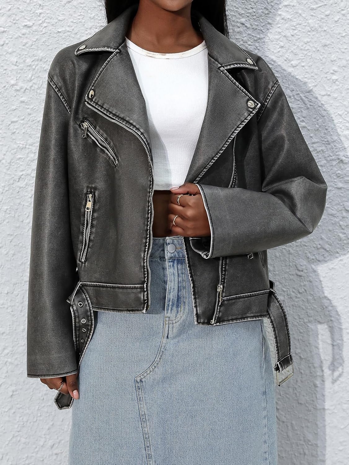 image:imageLY VAREY LIN Women Faux Leather Jacket Lapel Collar Motorcycle Zip Up Long Sleeve Motor Biker Short Coat Jacket2362grey