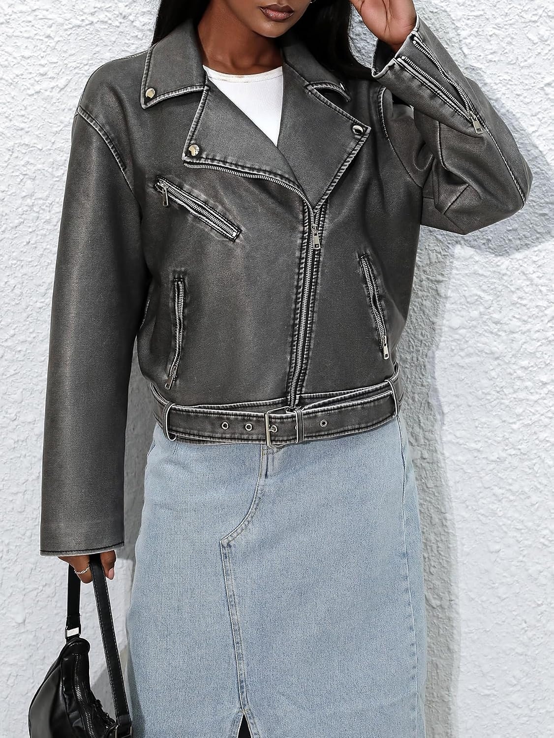 image:imageLY VAREY LIN Women Faux Leather Jacket Lapel Collar Motorcycle Zip Up Long Sleeve Motor Biker Short Coat Jacket2362grey