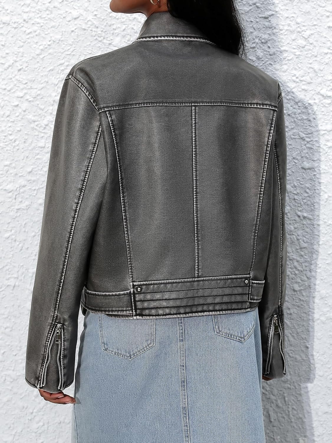 image:imageLY VAREY LIN Women Faux Leather Jacket Lapel Collar Motorcycle Zip Up Long Sleeve Motor Biker Short Coat Jacket2362grey