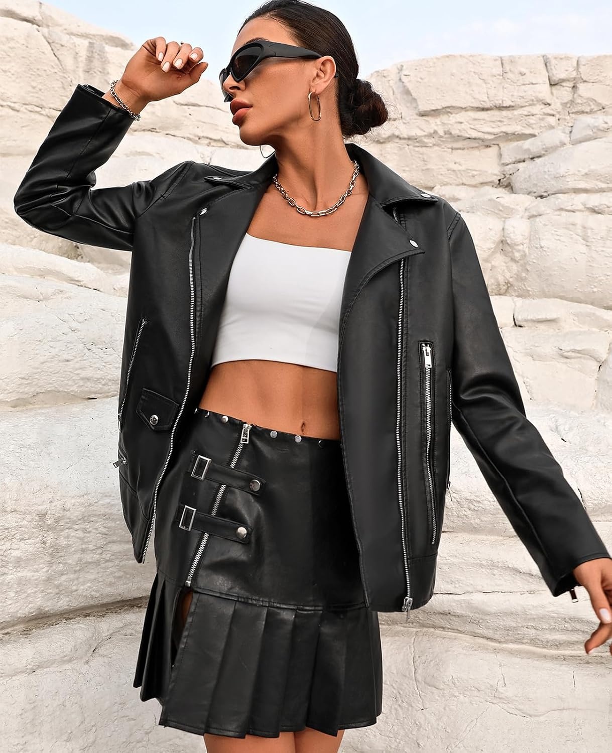image:imageLY VAREY LIN Women Faux Leather Jacket Lapel Collar Motorcycle Zip Up Long Sleeve Motor Biker Short Coat Jacket7740black