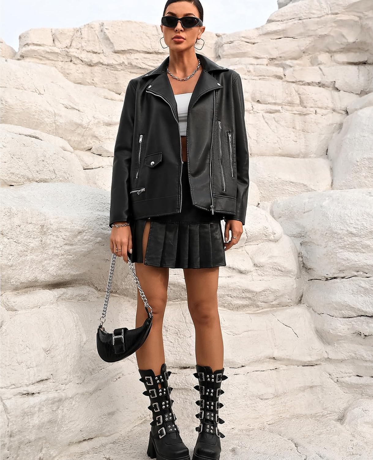 image:imageLY VAREY LIN Women Faux Leather Jacket Lapel Collar Motorcycle Zip Up Long Sleeve Motor Biker Short Coat Jacket7740black