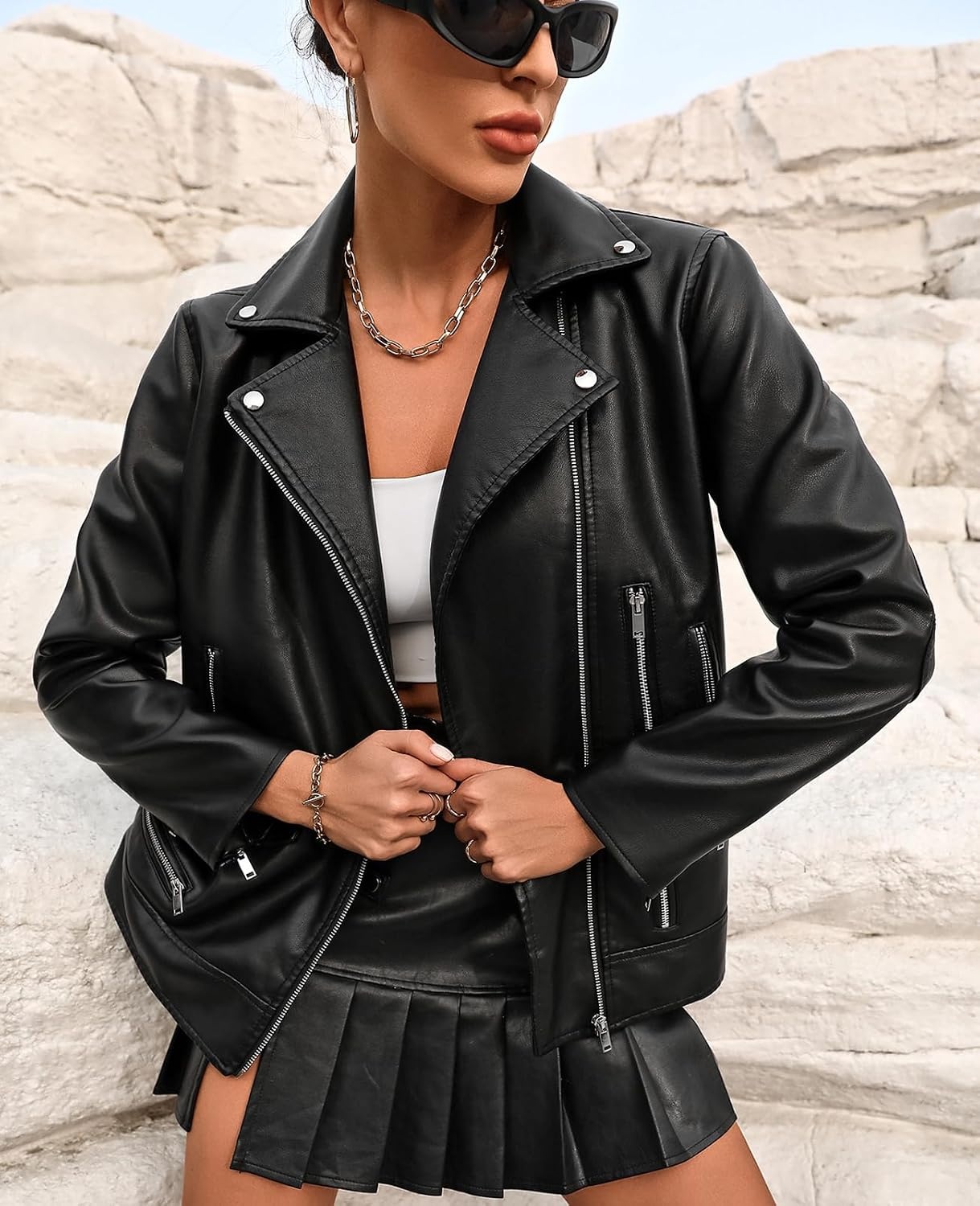 image:imageLY VAREY LIN Women Faux Leather Jacket Lapel Collar Motorcycle Zip Up Long Sleeve Motor Biker Short Coat Jacket7740black