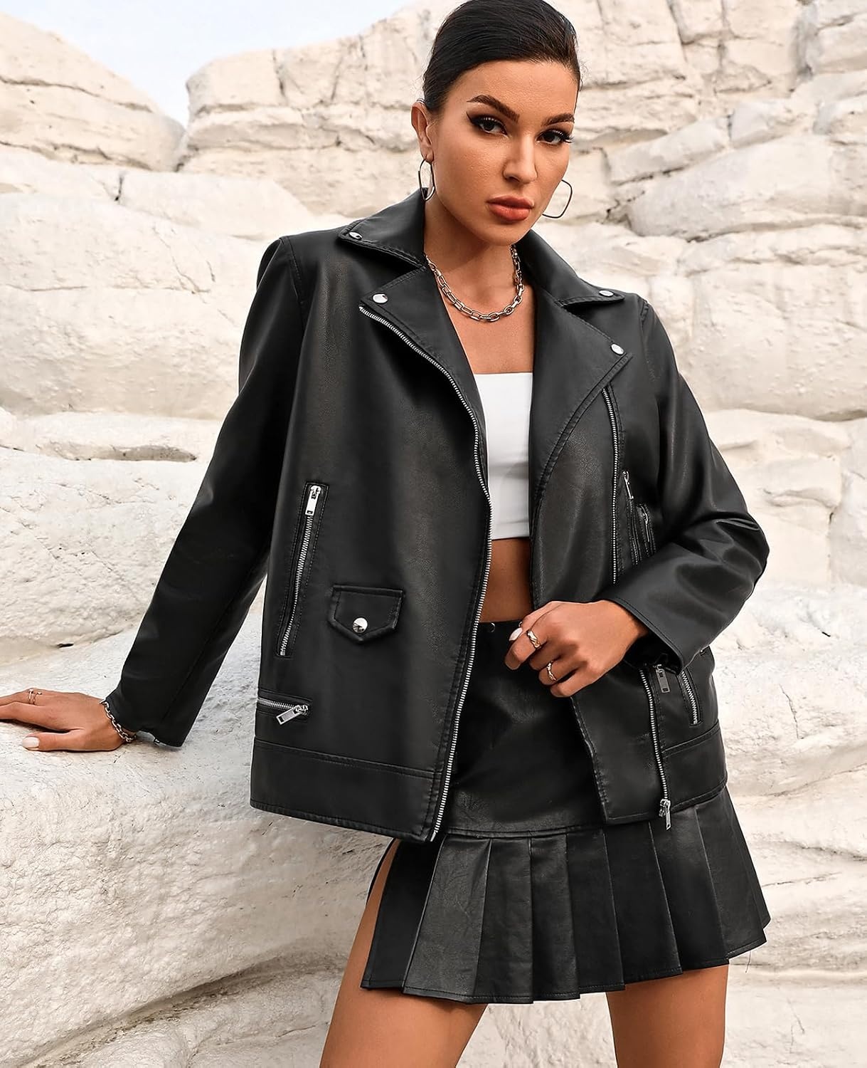 image:imageLY VAREY LIN Women Faux Leather Jacket Lapel Collar Motorcycle Zip Up Long Sleeve Motor Biker Short Coat Jacket7740black