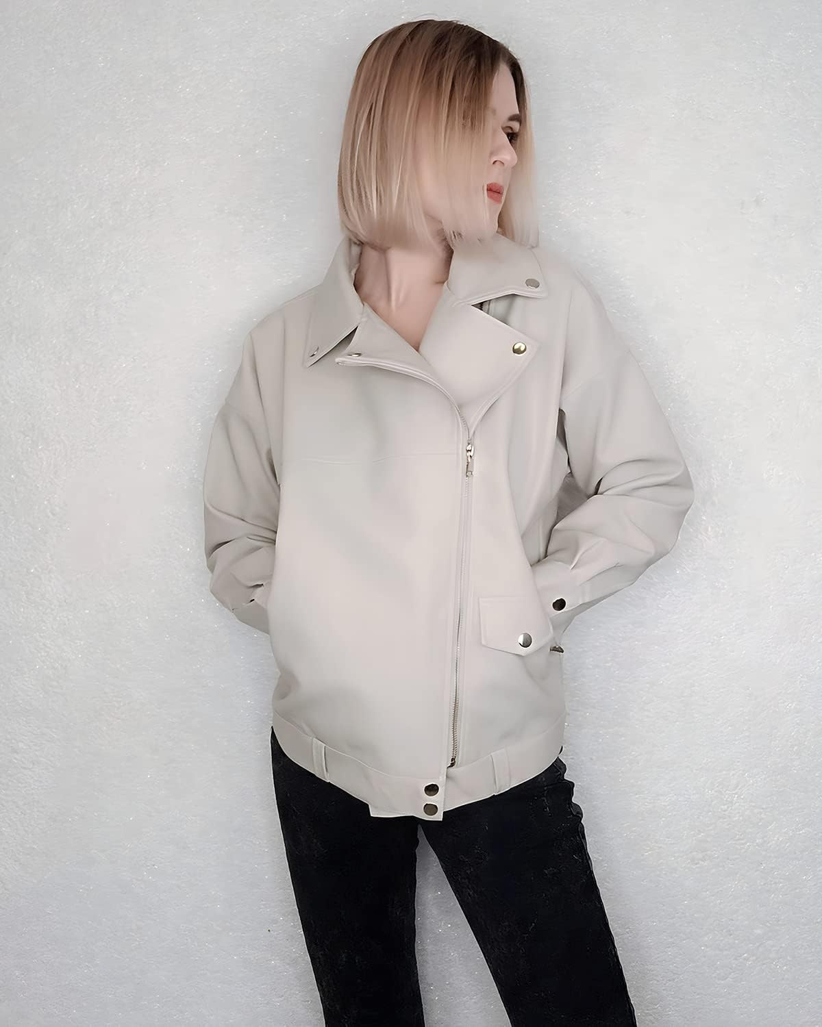 image:imageLY VAREY LIN Women Faux Leather Jacket Lapel Collar Motorcycle Zip Up Long Sleeve Motor Biker Short Coat JacketBeige