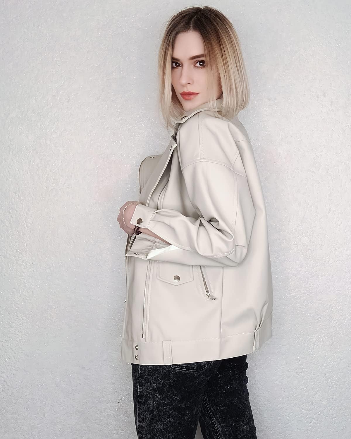 image:imageLY VAREY LIN Women Faux Leather Jacket Lapel Collar Motorcycle Zip Up Long Sleeve Motor Biker Short Coat JacketBeige