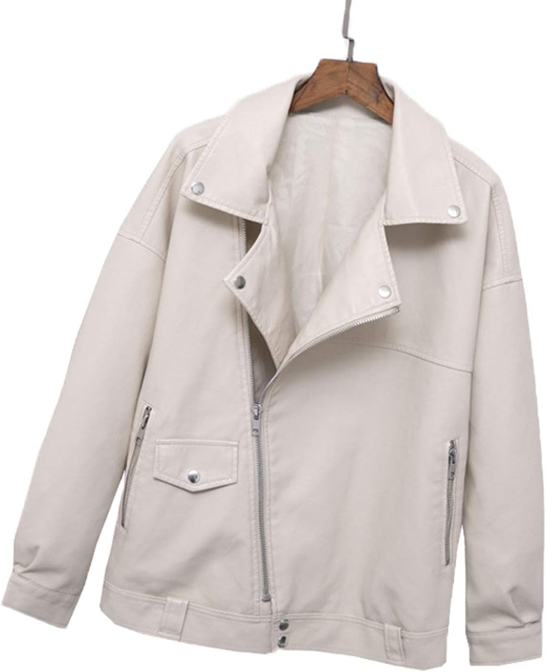 image:imageLY VAREY LIN Women Faux Leather Jacket Lapel Collar Motorcycle Zip Up Long Sleeve Motor Biker Short Coat JacketBeige