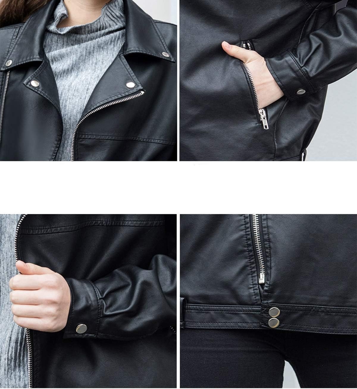 image:imageLY VAREY LIN Women Faux Leather Jacket Lapel Collar Motorcycle Zip Up Long Sleeve Motor Biker Short Coat JacketBlack