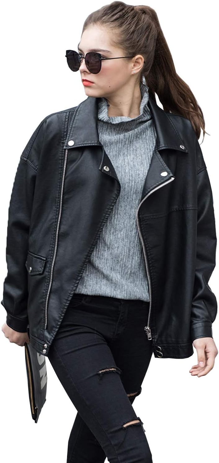 image:imageLY VAREY LIN Women Faux Leather Jacket Lapel Collar Motorcycle Zip Up Long Sleeve Motor Biker Short Coat JacketBlack