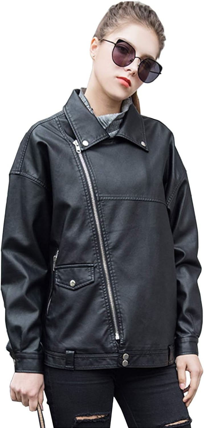 image:imageLY VAREY LIN Women Faux Leather Jacket Lapel Collar Motorcycle Zip Up Long Sleeve Motor Biker Short Coat JacketBlack