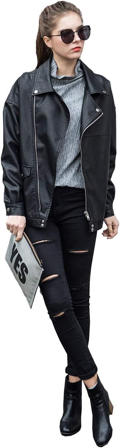 image:imageLY VAREY LIN Women Faux Leather Jacket Lapel Collar Motorcycle Zip Up Long Sleeve Motor Biker Short Coat JacketBlack