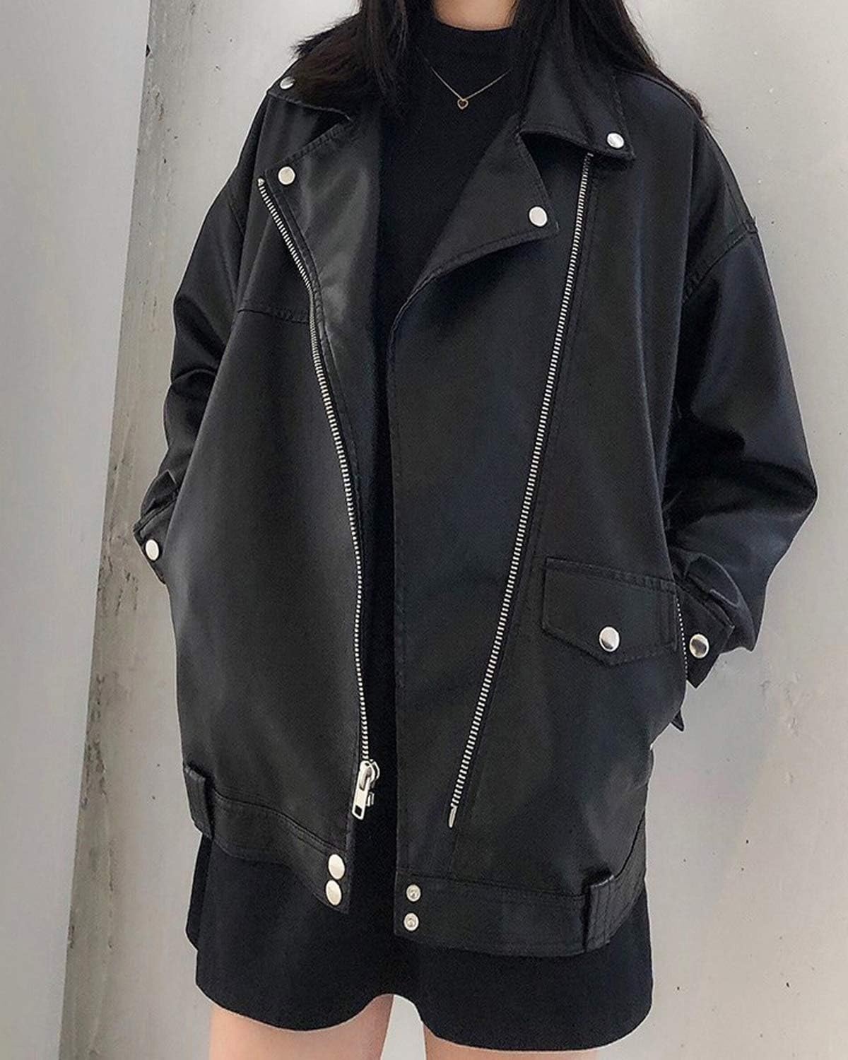 image:imageLY VAREY LIN Women Faux Leather Jacket Lapel Collar Motorcycle Zip Up Long Sleeve Motor Biker Short Coat JacketBlack