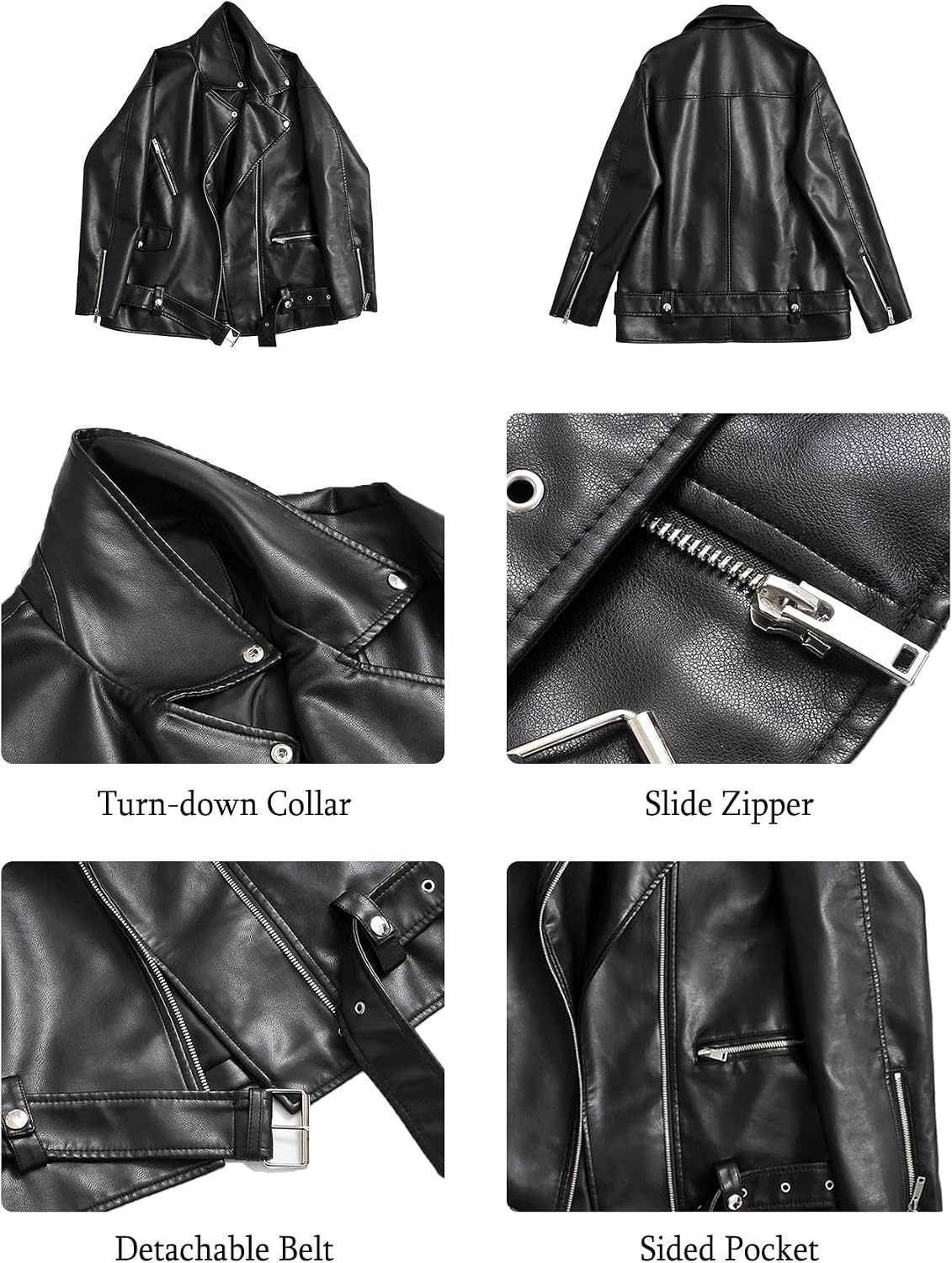 image:imageLY VAREY LIN Women Faux Leather Jacket Lapel Collar Motorcycle Zip Up Long Sleeve Motor Biker Short Coat JacketL2263black