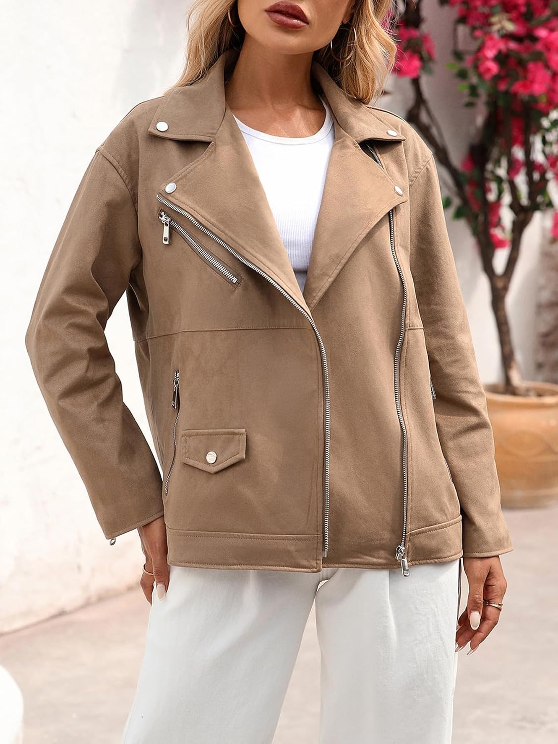 image:imageLY VAREY LIN Women Faux Leather Jacket Lapel Collar Motorcycle Zip Up Long Sleeve Motor Biker Short Coat JacketL9123brown