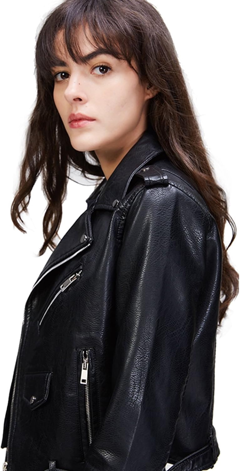 image:imageLY VAREY LIN Womens Faux Leather Motorcycle Jacket PU Slim Short Biker CoatBlack